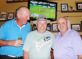 (L to R) Bob Newell, Gabriel Enright and Dale Shier after the golf on Wednesday and watching the State of Origin rugby match on TV.